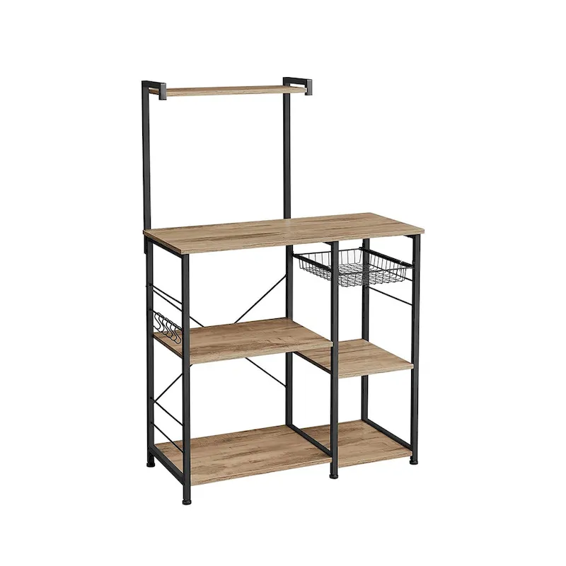 Kitchen Microwave Oven Stand Shelf with Wire Basket and 6 S-Hooks - 35.4 L x 15.7 W x 52 H