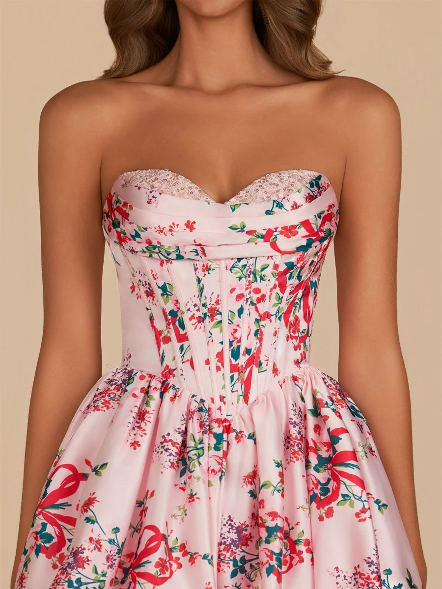 Pink - A Line Sweetheart Floral Satin Bubble Hem Homecoming Dresses with Sequins