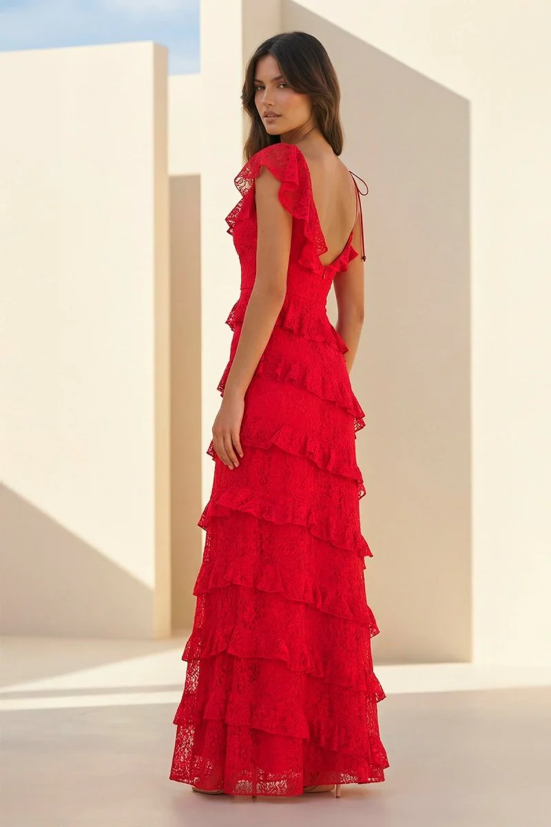 Red Sheath V Neck Lace Long Prom Dresses With Ruffles