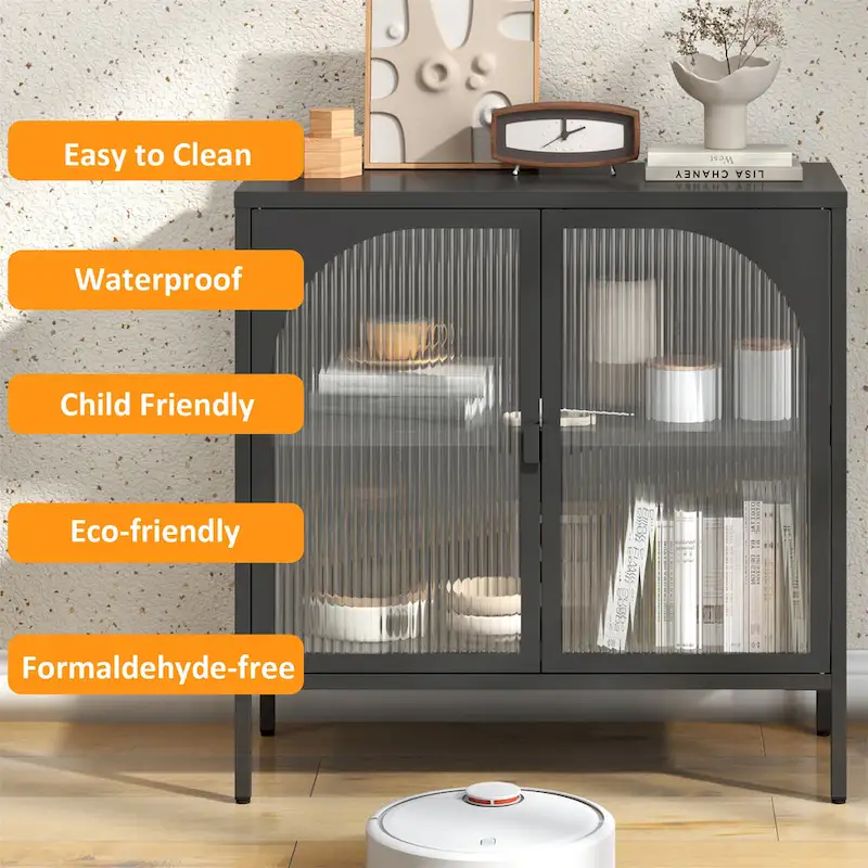 Black / White Metal Sideboard Cabinet with Glass Doors, Modern Style, Single-User Assembly