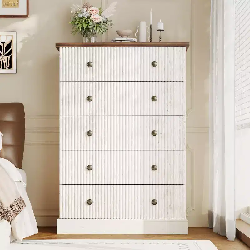 Space-Saving 5-Drawer Tall Dresser for Bedroom  Modern Vertical Chest, Spacious Storage Cabinet Contemporary White Wood Finish