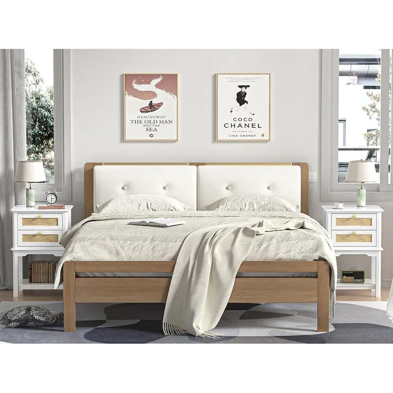 Modern 27.95H Tall 2-Drawer White Nightstand Wood Rattan Side End Table for Bedroom with Storage Shelf