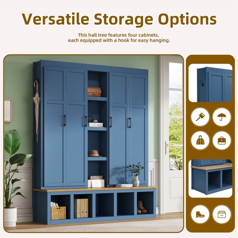 Farmhouse 4-in-1 Hall Tree with Open Display Shelves, Mudroom Shoe Bench with Open Compartments, Entryway Coat Rack with 6 Hooks