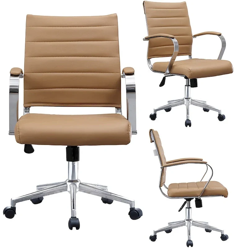 Mid-Back Ribbed PU Leather Swivel Office Chair with Arms & Wheels | 6 Colors | Single-Person
