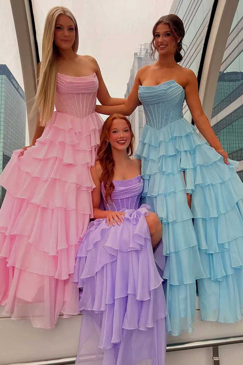 Lavender - A Line Strapless Chiffon Beaded Corset Long Prom Dress With Slit