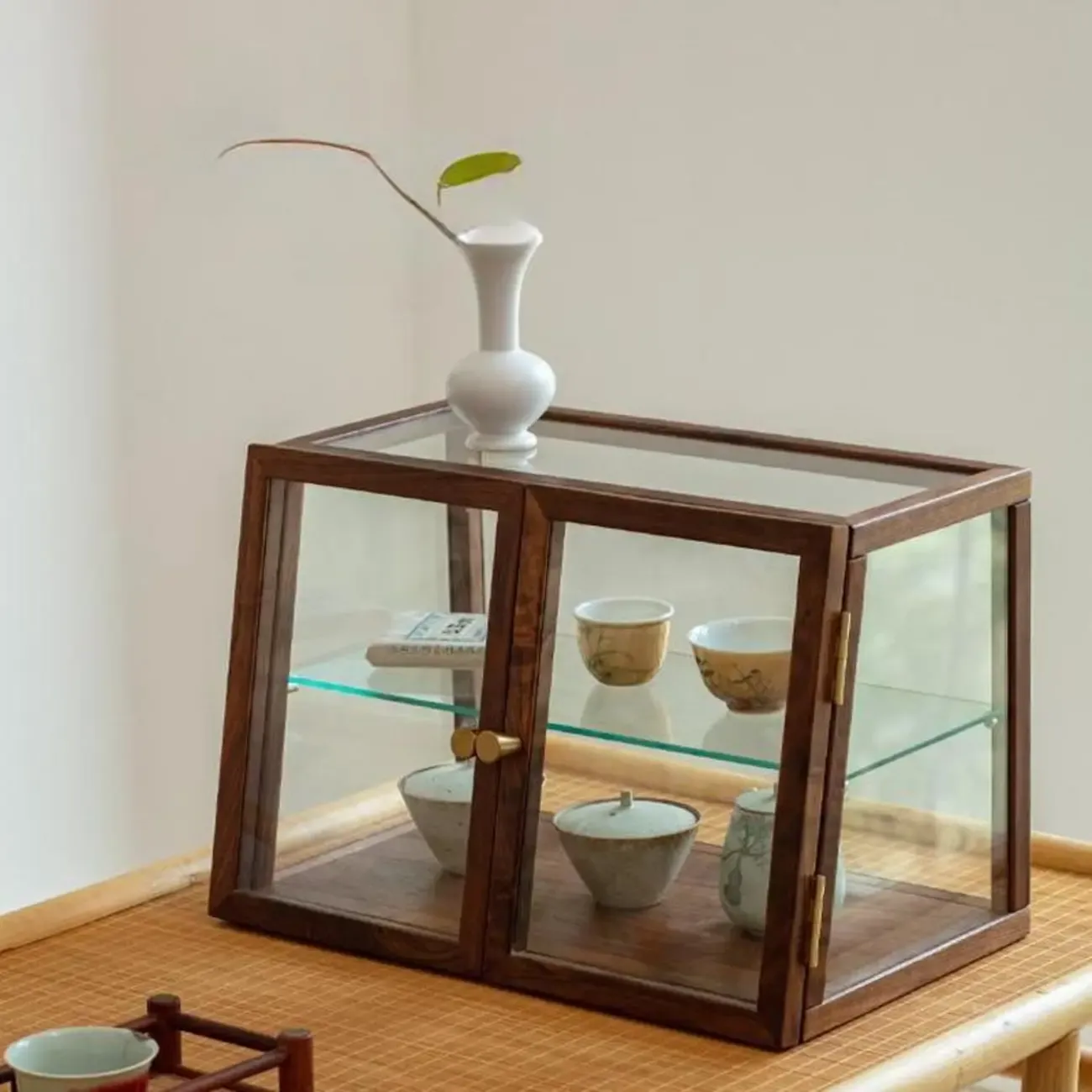 Minimalist 2-Tier Wooden Glass Display Cabinet for Tabletop
