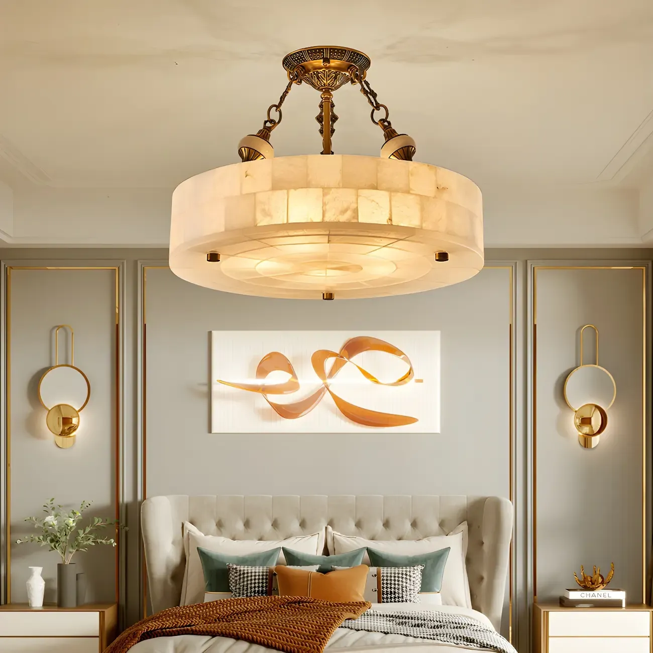 Luxurious Gold Alabaster Cylindrical Chandelier