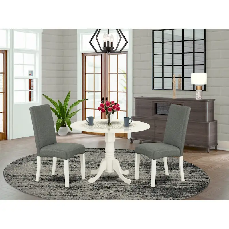 East West Furniture Modern Table Set- a Round Wooden Table and Gray Linen Fabric Dining Chairs, Linen White (Pieces Options)