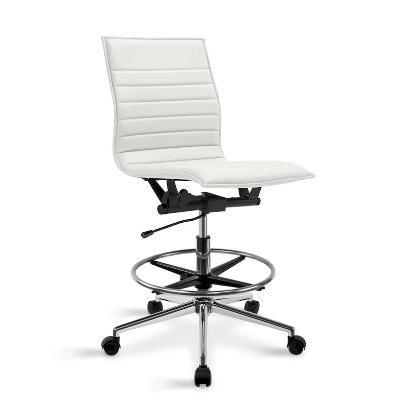 Modern Drafting Chair Upholstered PU Leather Ribbed Armless Mid Back with Tall Adjustable Base & Leg Rest