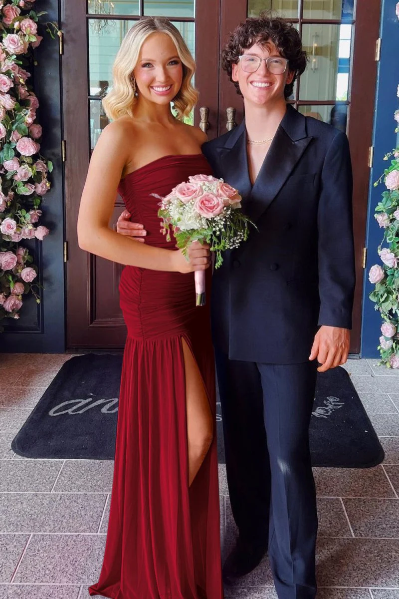 Hot Pink Sheath Strapless Pleated Chiffon Long Prom Dresses