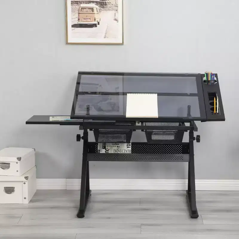 Black Adjustable Tempered Glass Drawing Printing Desk With Chair - ModernLuxe