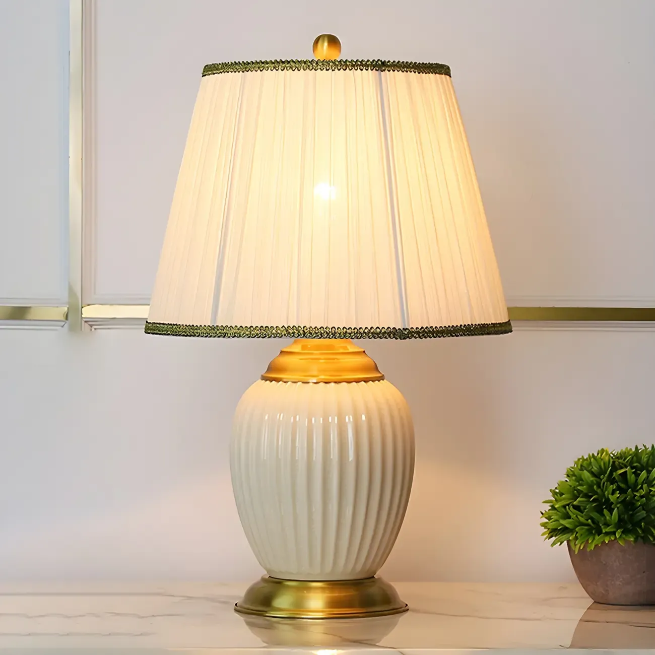 Plug-In Elegant Ceramic LED Table Lamp with Fabric Shade