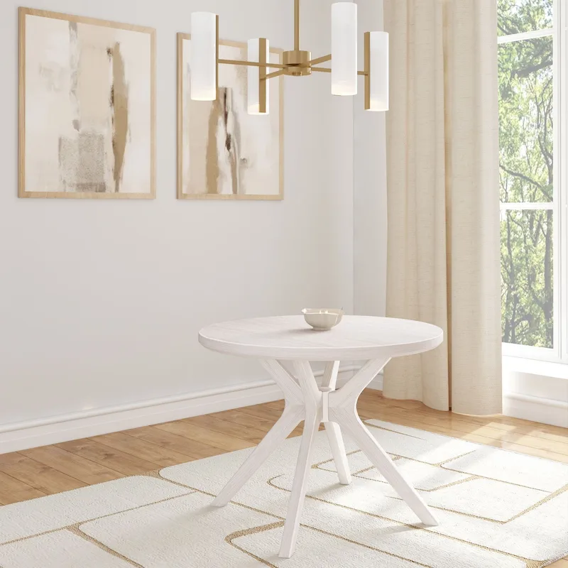 Round Solid Pine Dining Table with Cross-Leg Base – Coastal White Wirebrush / Pecan, 2–4 Person