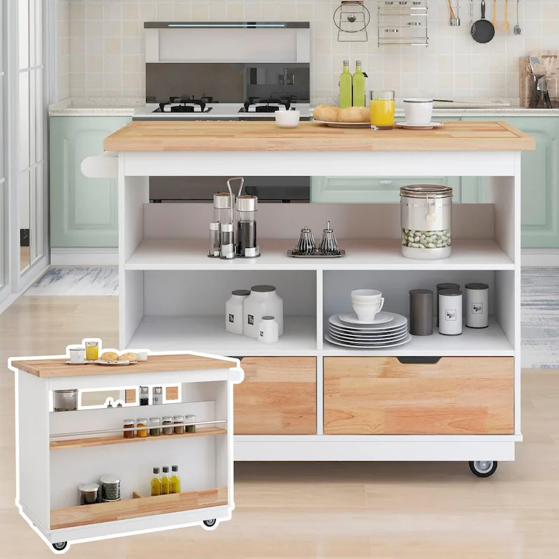 Wood Rolling Kitchen Island with 2 Drawers and 3 Open Compartments