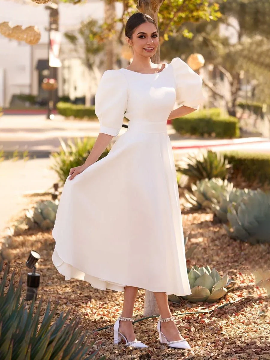 Elegant Bateau A Line Satin Knee-length Wedding Dress