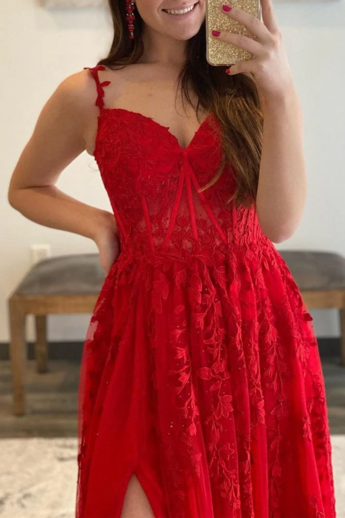 A-line V Neck Lace Tulle Prom Dress With Slit