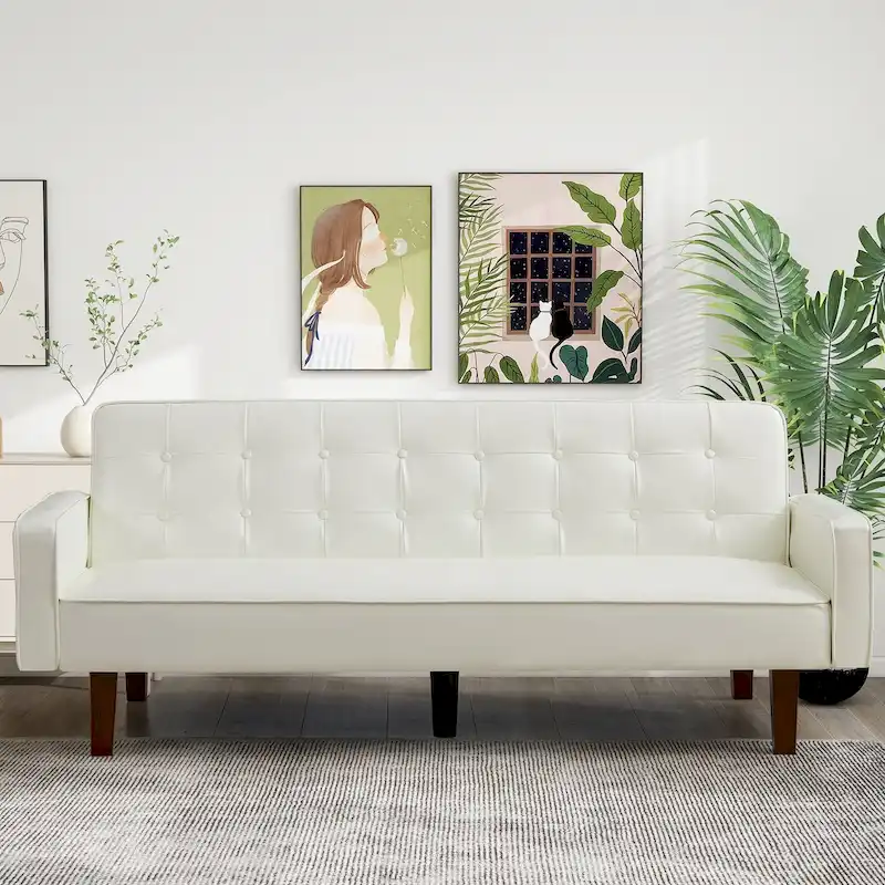 74.4 L Faux Leather Full Handcrafted Button Tufted Sofa 3-Seat, Convertible Sleeper Couch Adjustable Backrest