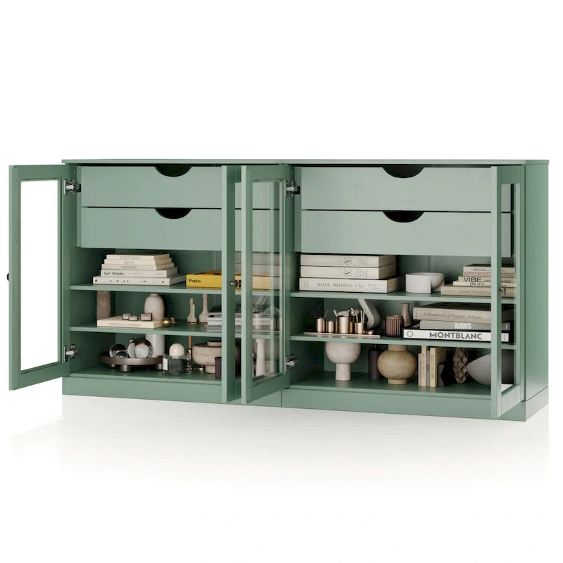 100% Solid Wood 64Sideboard with Clear Glass Doors, 4-Drawers and Adjustable Shelves