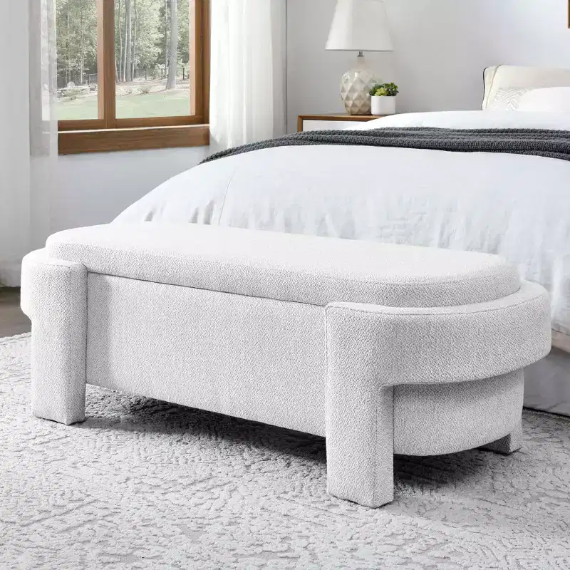 MAYEERTY Linen Fabric Upholstered Bench with Large Storage Space for Living Room Bedroom Entryway White