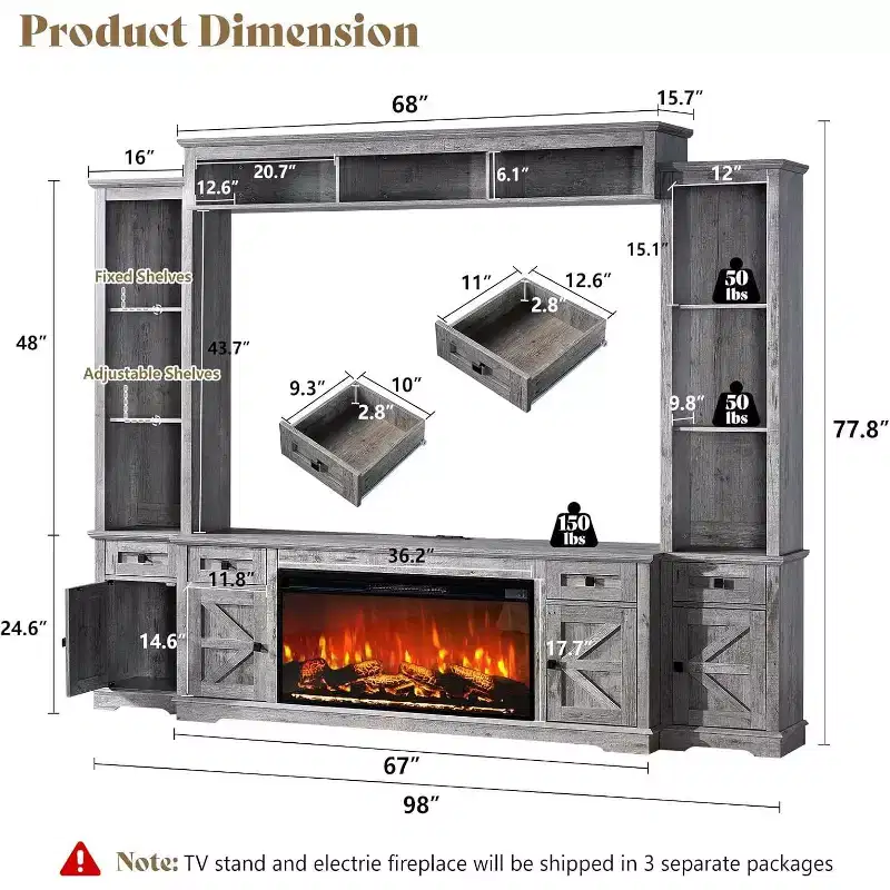 Gray & White Farmhouse Entertainment Center with Fireplace, Fits up to 78