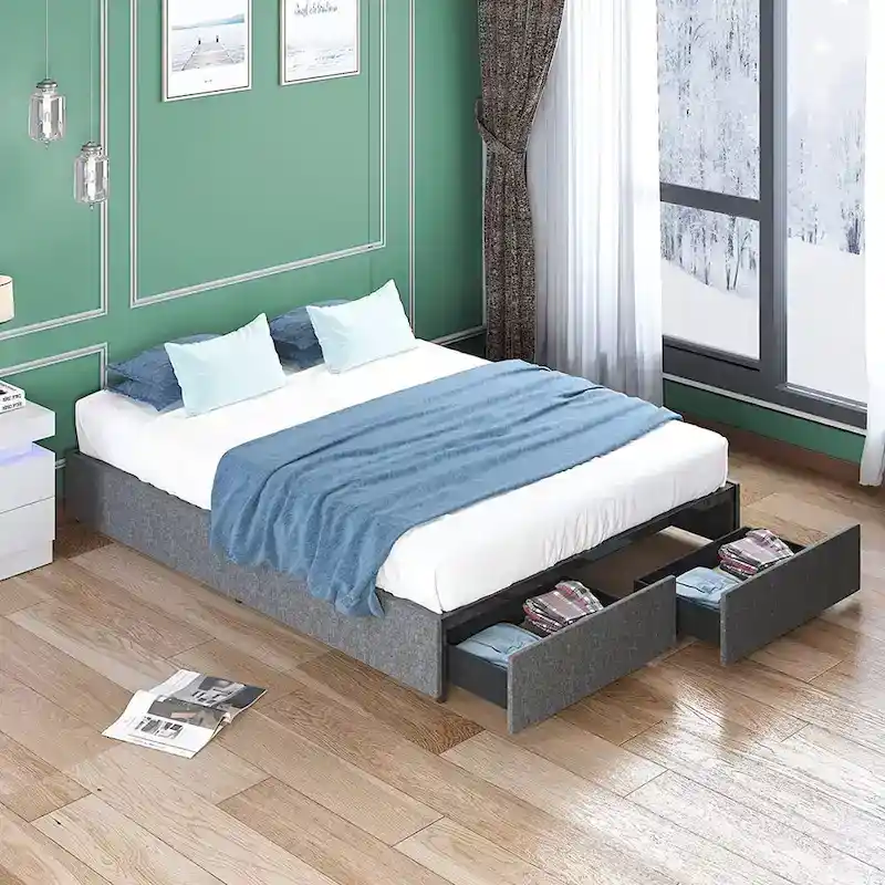 Platform Bed with Storage Drawers, Linen Fabric, Wood Slats, Modern Style, Beige / Light Grey / Dark Grey, Full / Queen / King, 2 People