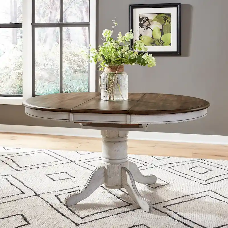 Antique Honey & White Round-to-Oval Pedestal Dining Table, Seats 4–6