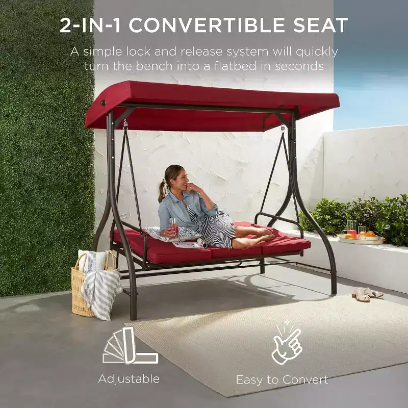 3-Seat Outdoor Porch Swing with Canopy  Convertible Glider Bed with Thick Cushions & Pillows for Adults  Backyard, Garden, Patio  Burgundy Maple99
