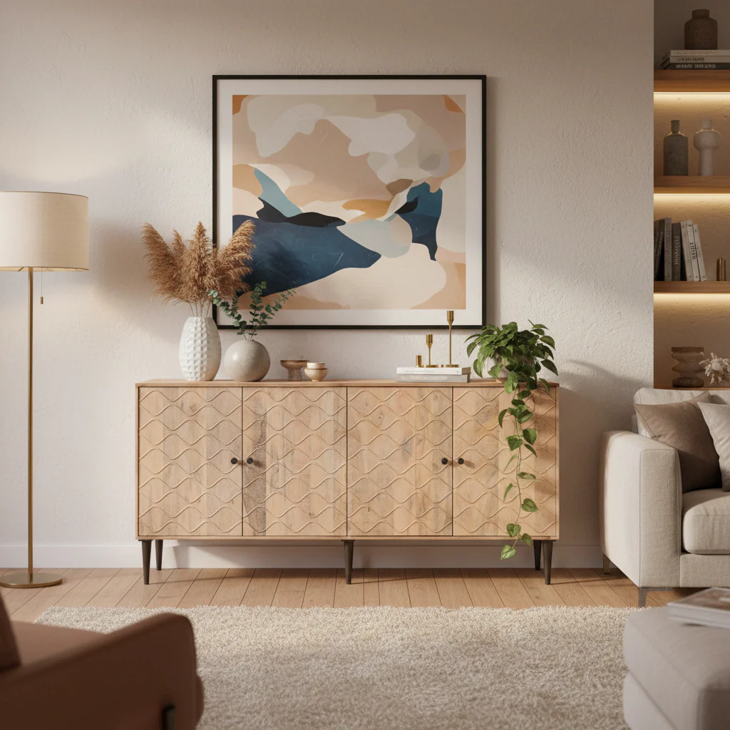 4-Door Sideboard, Wave Pattern, Acacia & Mango Wood, Fixed Interior Shelves, Black Legs & Hardware, Mid-Century Style, Walnut / Hazelnut / Whitewash, 1-Person Use