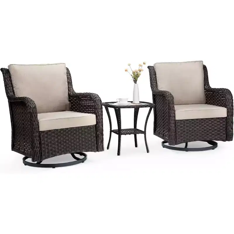All-Weather Wicker Swivel Rocker Patio Bistro Set, 3-Piece Outdoor Furniture with 360 Cushioned Chairs & Tempered Glass Side Table for Garden, Porch