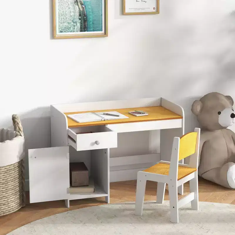 Qaba Kids Desk and Chair Set with Storage Drawer, Study Desk with Chair for Children for Arts & Crafts, Snack Time, Homeschooling, Homework, White