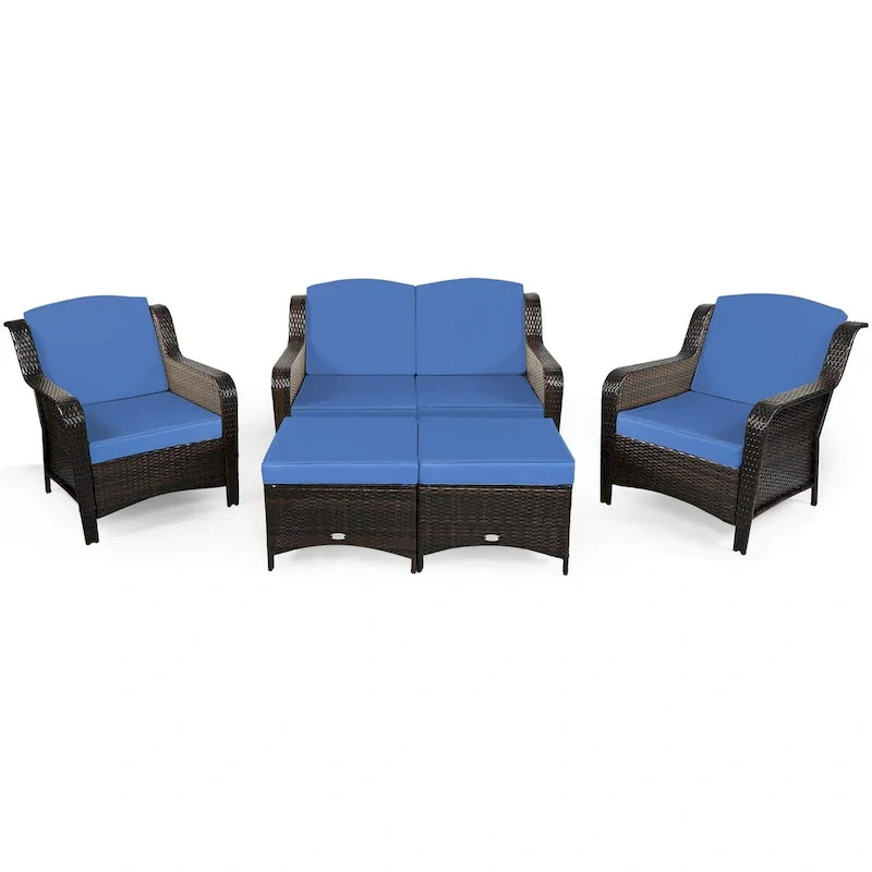 5 Pieces Patio Rattan Sofa Set with Cushion and Ottoman - 51 x 33.5 x 33 (L x W x H)