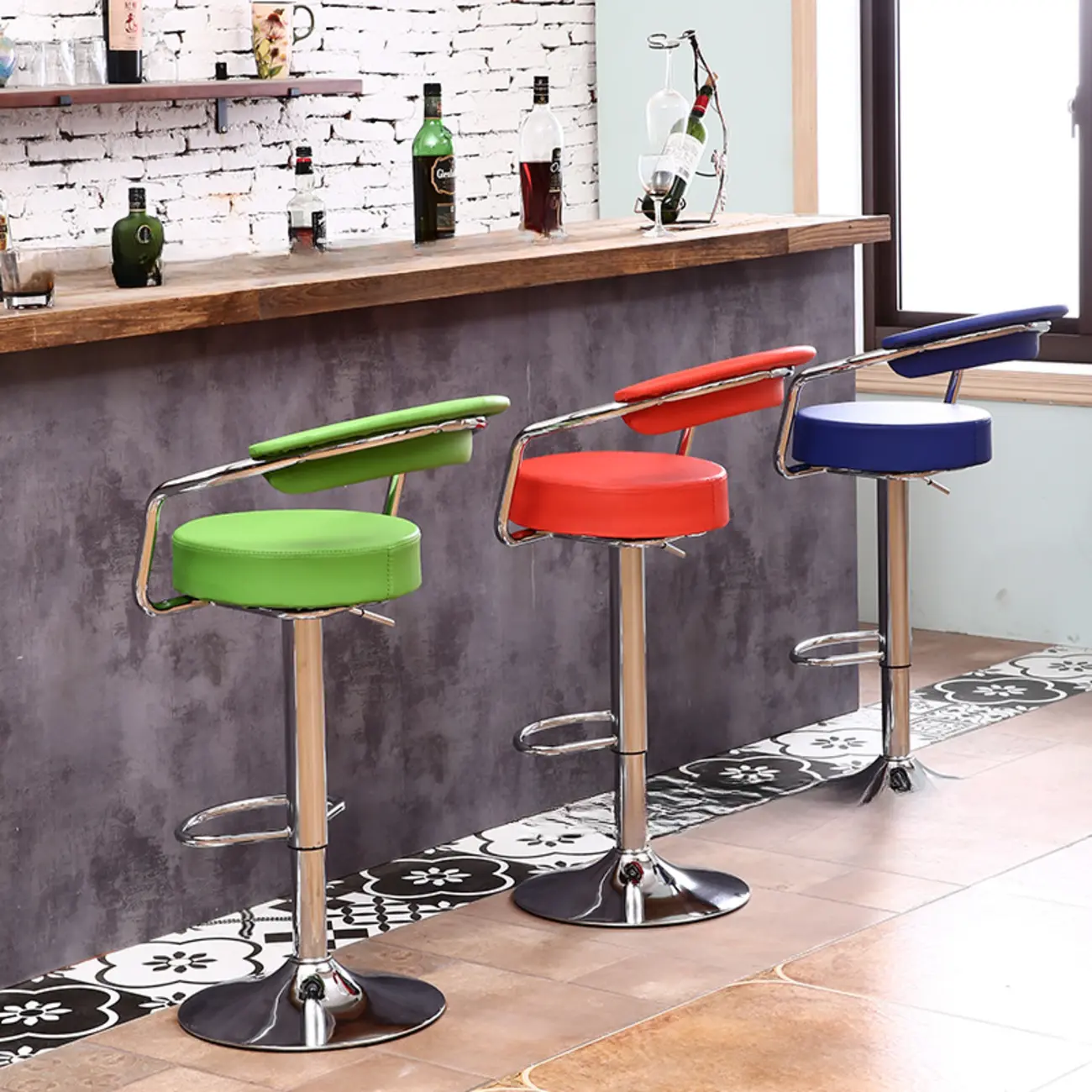 Modern Chrome Leather Ergonomic Adjustable Bar Stool