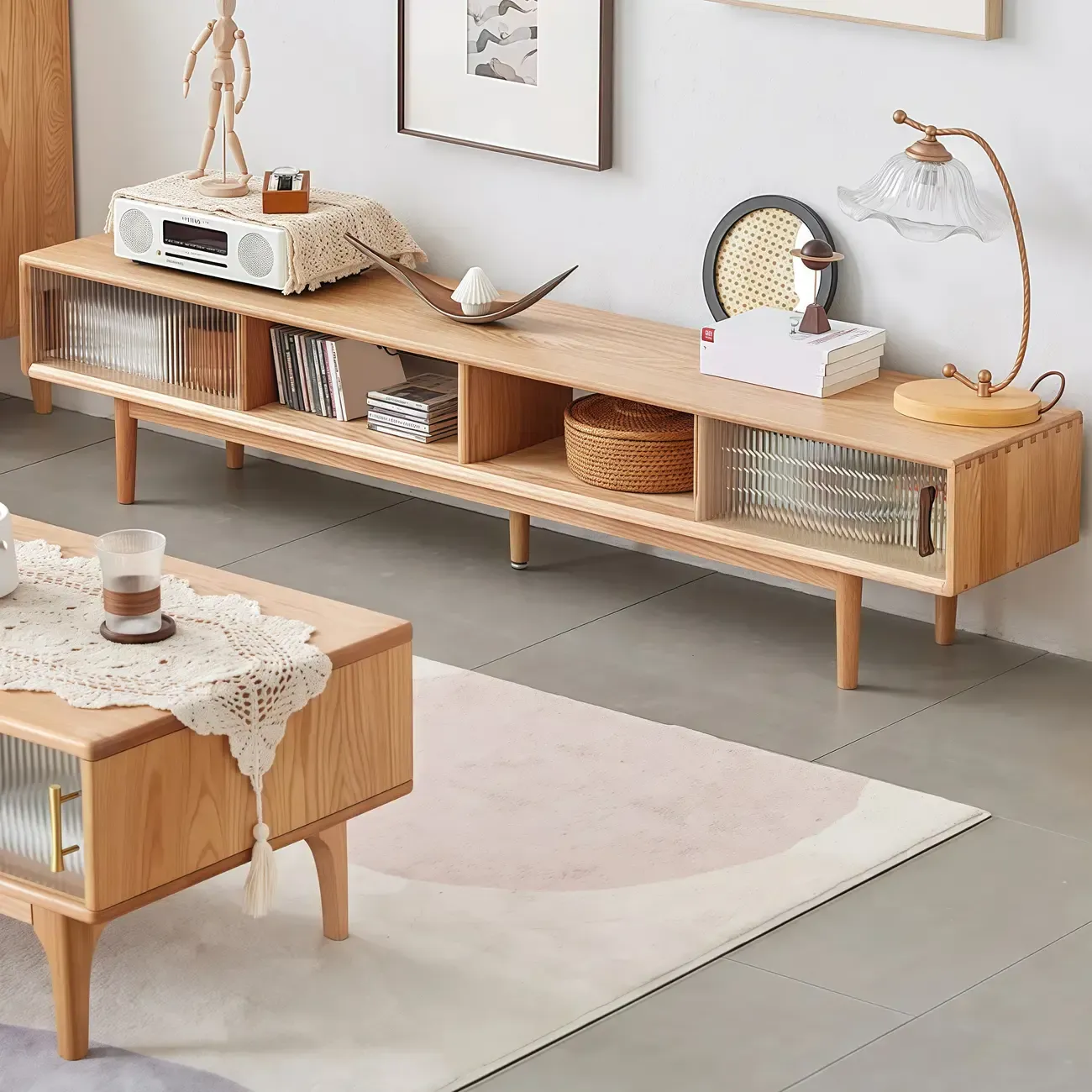 Natural Wood TV Stand with 2 Cabinets