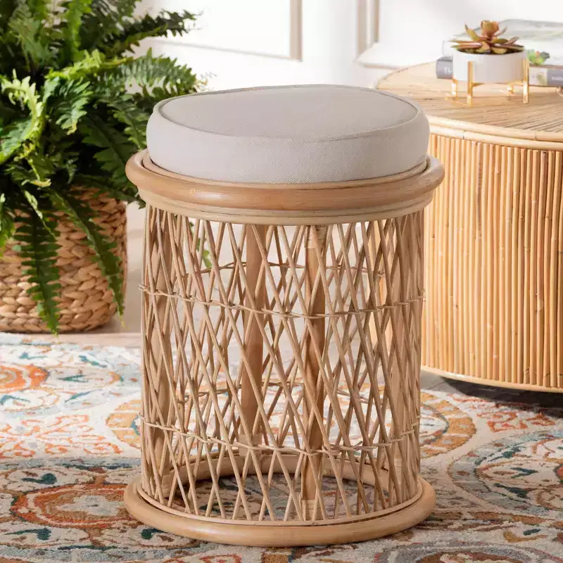 bali & pari Junius Natural Rattan Ottoman Footstool: Handcrafted, Bohemian, No Assembly Required