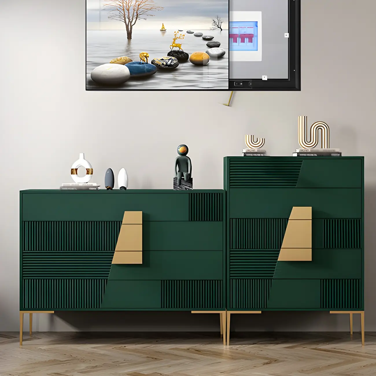 Elegant Wooden Sideboard with Drawers in Green/Grey
