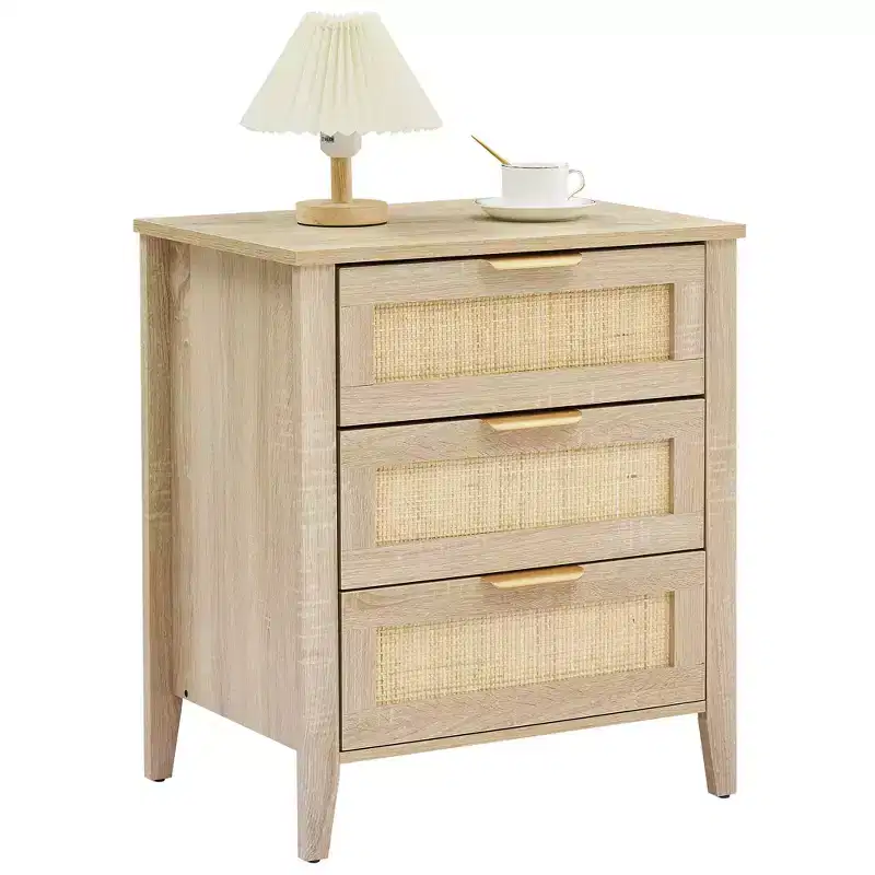 2 Pack Rattan Nightstand, 3 Natural Rattan Drawers, Farmhouse Style, Sturdy Wood Legs, Modern Side Table with Storage