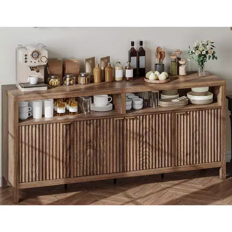 CuisinSmart 65.8'' Modern Fluted Sideboard Cabinet, 4-Door Storage Buffet with Adjustable Shelves, for Dining Room Living Room Entryway