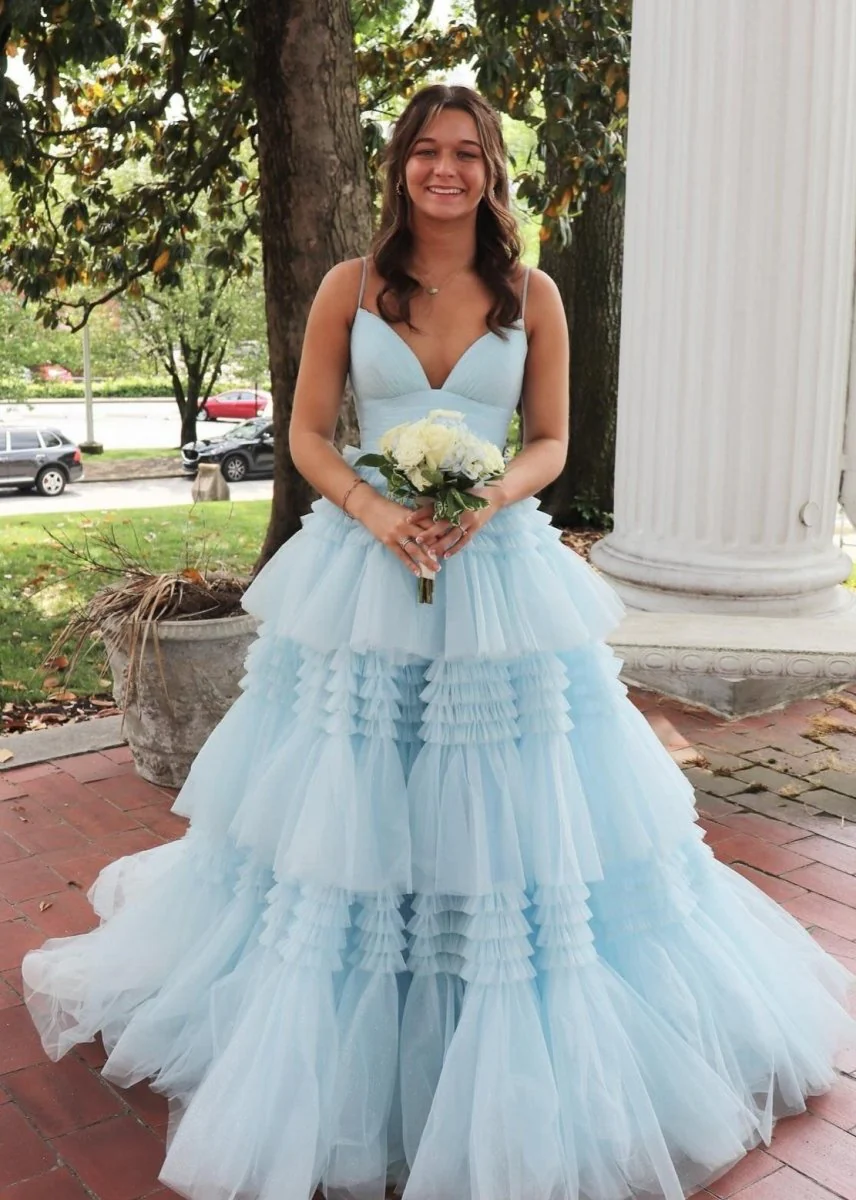 A-Line Spaghetti Straps Long Tiered Tulle Prom Dress With Split