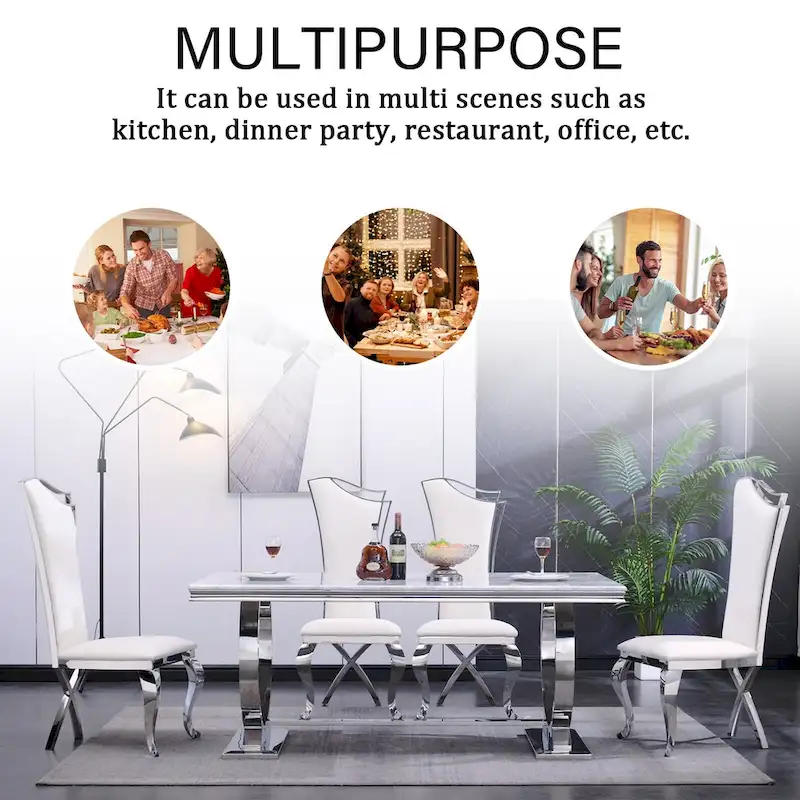 Dining Table with Circular Pedestal Base - Marble Texture Top, Seats 4-8 (Black/Grey/White)