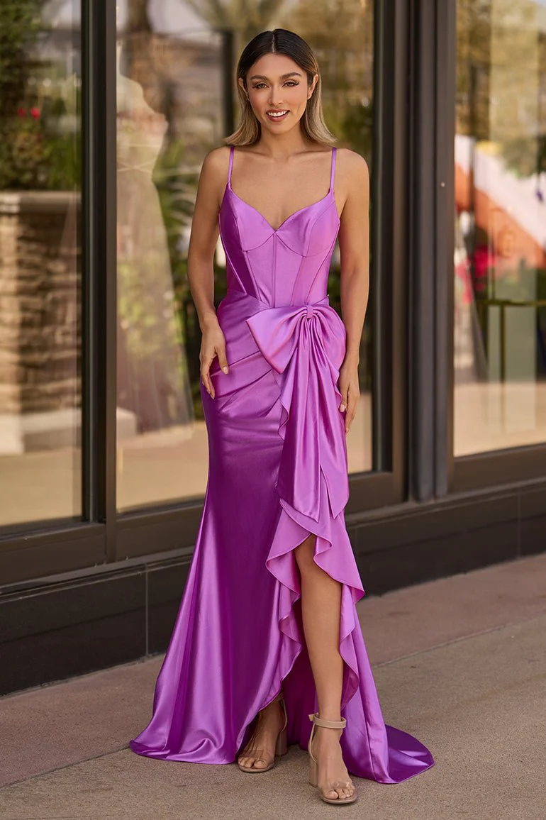 Straps V-Neck Satin Mermaid Prom Dress with Bow