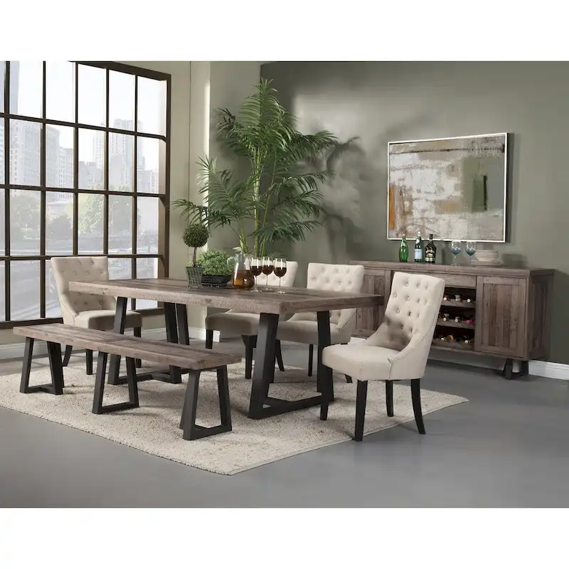 Rectangular Dining Table - Distressed Pine with Black Base, Seats 6 (Natural & Black)