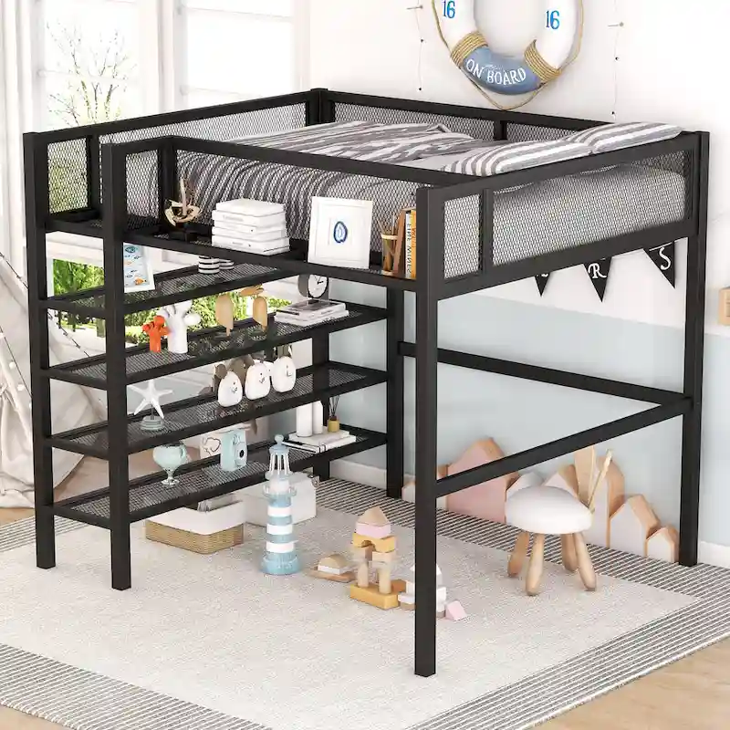 Black Full Size Metal Loft Bed with Shelves & Desk Space, 1-Person