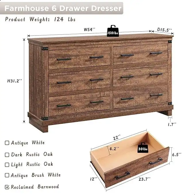 Farmhouse 6 Drawers Dresser, Wood Chest of Drawers, Closet Dresser