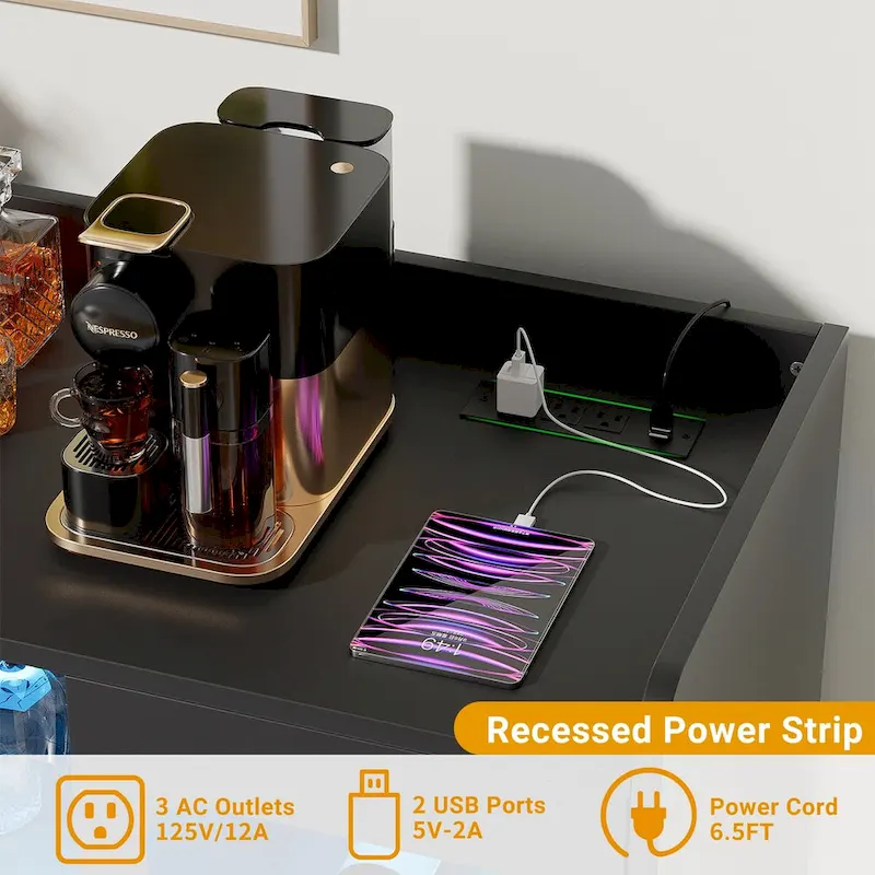 Black Bar Cabinet with Wine Holder and LED Lights - Satin Gold Finish