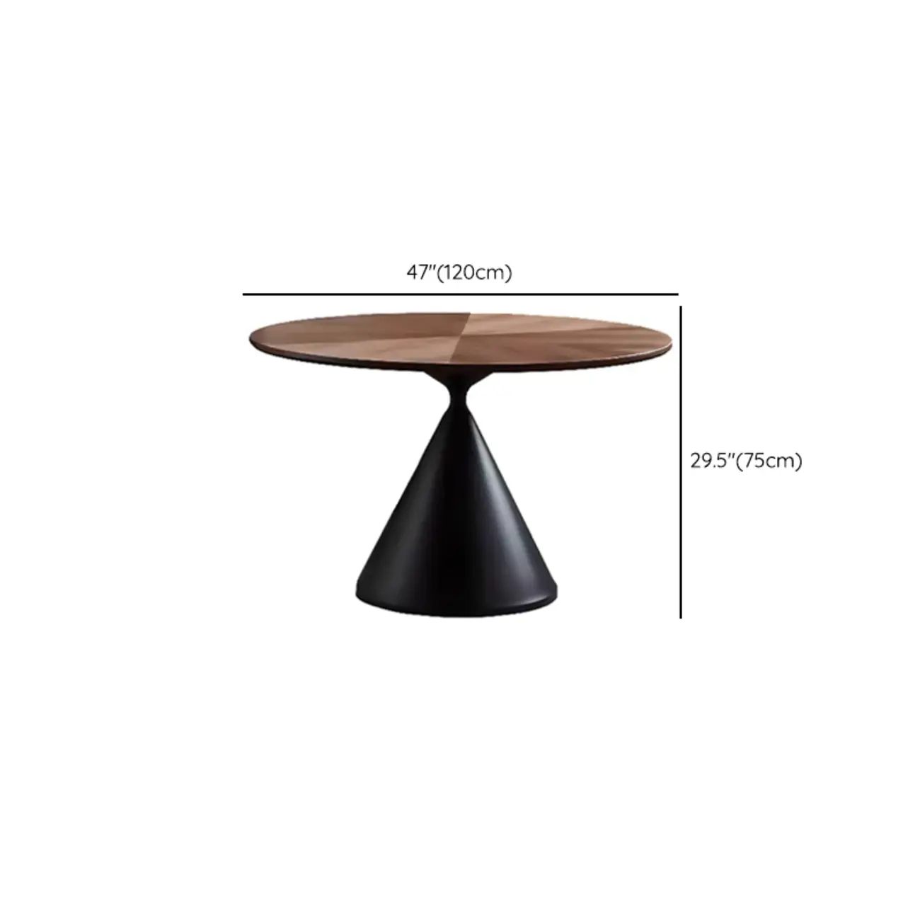 Modern Brown Round Wood Metal Cone Base Dining Table