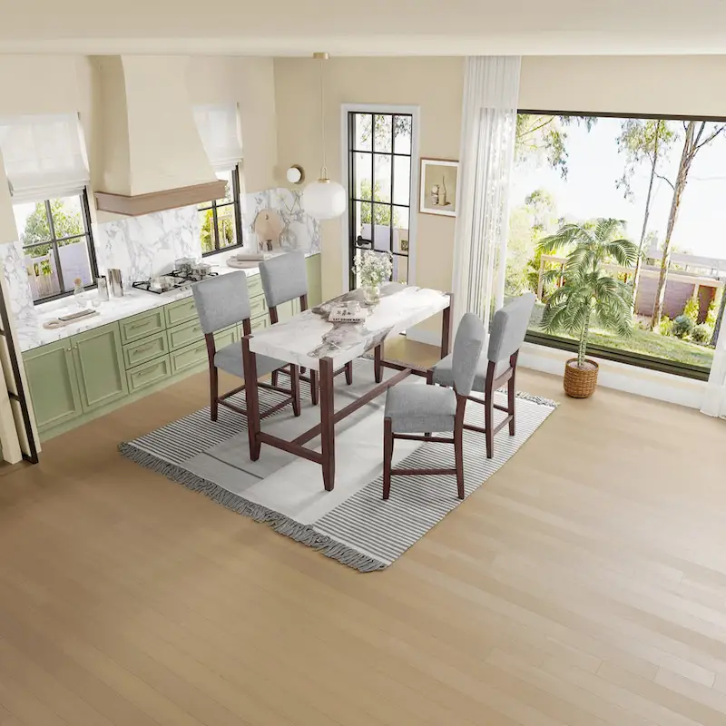 5-Piece Counter Height Dining Table Set, Faux Marble Bar Table and 4 Upholstered-Seat Chairs