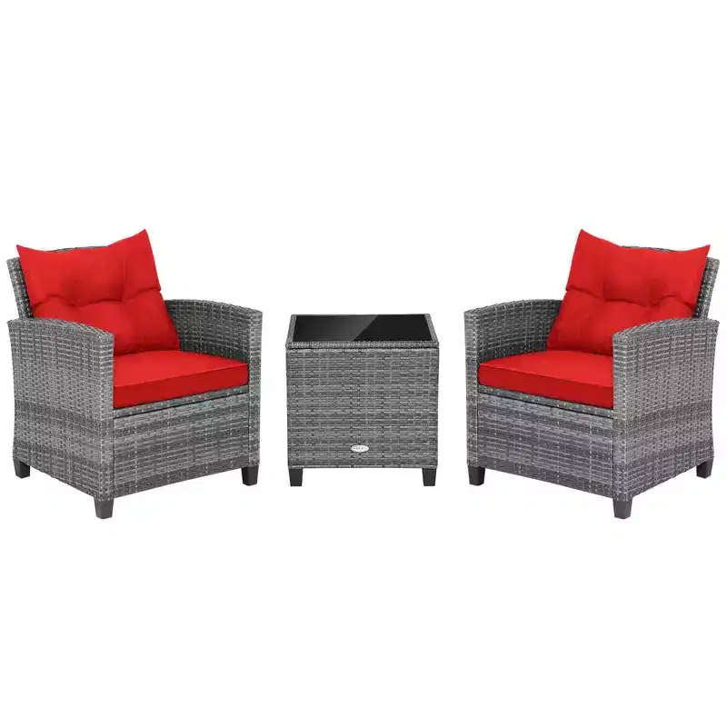 Costway 3PCS Patio Rattan Furniture Bistro Set Cushioned Sofas Side Table Armrest Red/Grey/Navy/Turquoise/Black