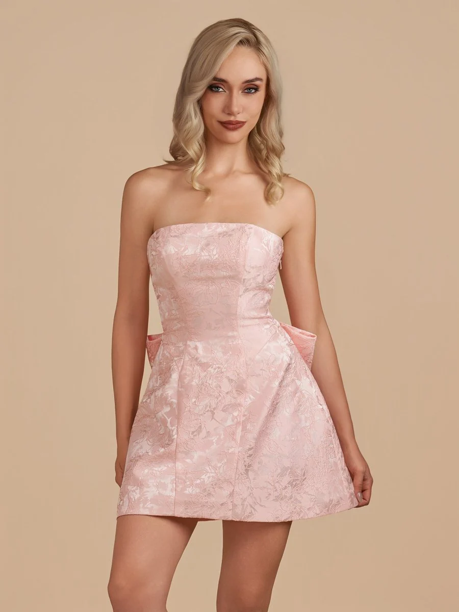 Pink - Strapless Jacquard A Line Homecoming Dress With Bowknot