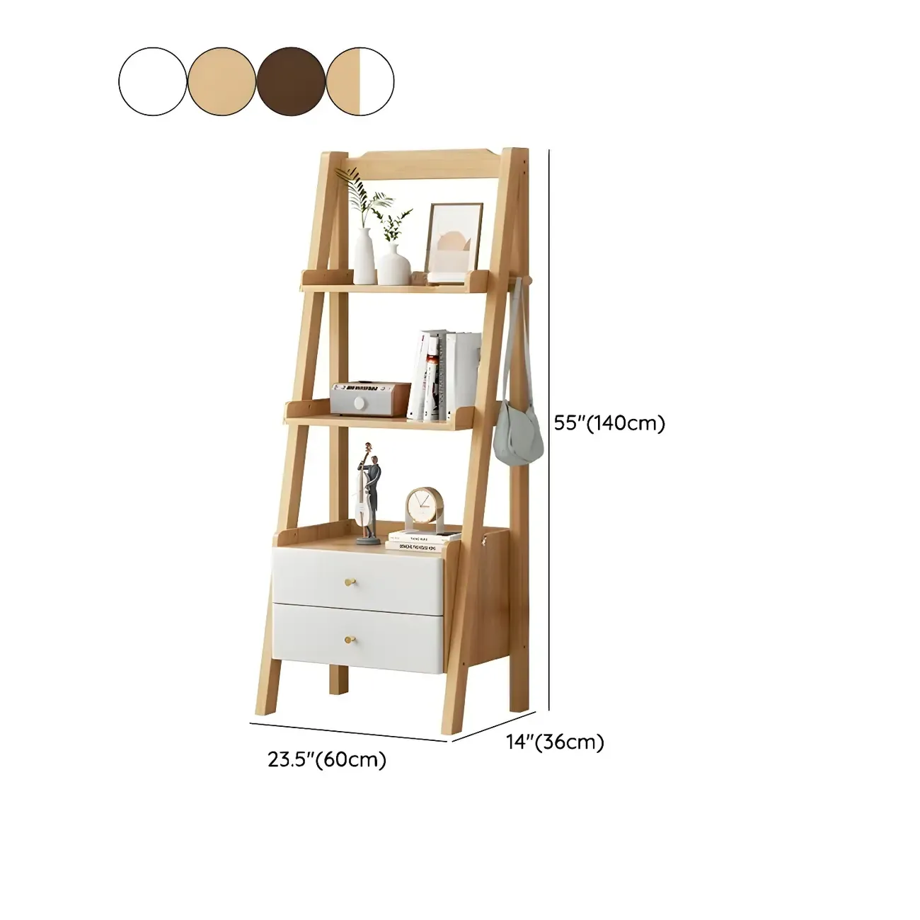 3-Tier Nut-Brown Wood Ladder Open Bookcase with Drawers