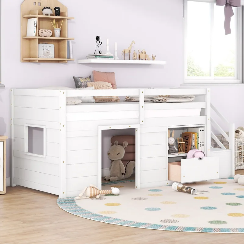 White Twin Low Loft Bed with Drawer & Staircase, 1-Child